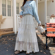 銘佳玲加厚旗袍打底襯裙白色半身裙女網(wǎng)紗蕾絲花邊a字裙高腰氣質(zhì)長(cháng)裙子 米白色 S