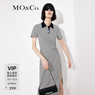 MO&Co.POLO領(lǐng)條紋捏褶扭結收腰開(kāi)叉黑白條紋連衣裙氣質(zhì)裙子女 白黑條色 M 165