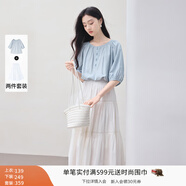 香影中袖襯衫女圓領(lǐng)2025夏裝新款慵懶泡泡袖氣質(zhì)淑女寬松藍色上衣 套裝 襯衫+半裙 M 160/84A/95-110斤