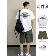 AEMAPE夏季套裝男日系短袖t恤男美式潮牌印花INS寬松潮流休閑工裝短褲 白色T恤+軍綠色工裝短褲[純棉高質(zhì)量] L （建議110-130斤）
