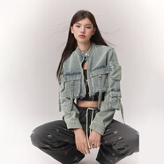 CHUU多口袋破洞牛仔短外套女2025秋季新品水洗毛邊長袖拉鏈上衣 牛仔藍 00