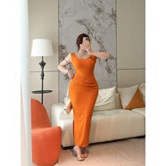 aes甜膩黃桃微胖性感辣妹顯瘦洋裝顯白修身氣質(zhì)包臀長(cháng)裙 姜黃色超彈卡碼拍小 S S75-90斤