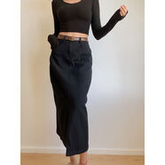 BERAN秋冬復古百搭純色高腰前開(kāi)衩一?？叟Ｗ邪肷砣怪虚L(cháng)裙含腰帶 黑色 S S