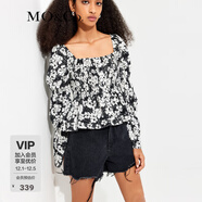 MO&Co.混紡捏褶打攬碎花短款法式上衣設計感小眾moco 黑白花色 M 165