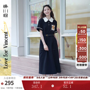 兩三事梵高文藝 梵花遺夢(mèng) 2025夏季新款印花布拼接撞色翻領(lǐng)連衣裙 黑色  L