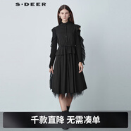 S.DEER圣迪奧2022春季女裝網(wǎng)紗褶皺襯衫通勤休閑ol原創(chuàng  )設計黑色連衣裙 黑色/91 S 160