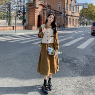 Mad Cortes輕奢設計感連衣裙套裝女2024新款長(cháng)袖美拉德穿搭馬甲襯衫裙兩件套 咖色 M  115斤內