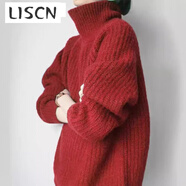 LISCN克萊因藍高領(lǐng)套頭粗棒針軟糯毛衣2025秋冬新款外套慵懶寬松上衣女 紅色 S