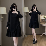 大碼女裝赫本風(fēng)顯瘦衛衣小黑裙春秋新款胖妹妹洋氣減齡拼接連衣裙 圖片色 3XL 大碼