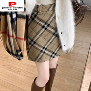 皮爾卡丹（pierre cardin）時(shí)尚呢加厚咖色格子大碼毛呢短裙高腰顯瘦A字包臀裙學(xué)院風(fēng)半身裙 咖色 2XL 建議體重135-155