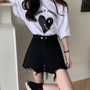 小紅書(shū)同款牛仔短褲女2025年夏季新款毛邊破洞高腰褲子顯瘦闊腿a 黑色(橫雙排扣) S 建議[8090斤]