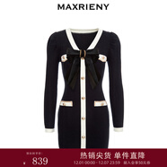 MAXRIENY財閥千金針織裙蝴蝶結小香風(fēng)連衣裙氣質(zhì)顯瘦短裙 黑色 M 02