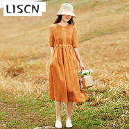 LISCN高端苧麻連衣裙2025女新款夏季復古田園風(fēng)遮肉小個(gè)子收腰棉麻裙子 桔色 L 建議110-125斤