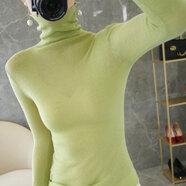 JINJIAXIAN春秋微透堆堆領(lǐng)女套頭針織打底衫高領(lǐng)毛衣緊身長(cháng)袖薄款內搭 果綠色 M