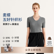 麥檬MM口碑原創(chuàng  )版型/精簡(jiǎn)衣櫥/桑蠶絲V領(lǐng)毛針織衫毛衣上衣春秋 UV領(lǐng)-短袖-中灰5G5931931 M