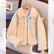 俞兆林（YUZHAOLIN）羊羔毛絨外套女2025年秋冬季新款加絨加厚麂皮絨夾克小香風(fēng)外套 杏色 S 建議85-100斤左右