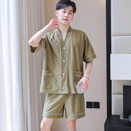 賽圖蒙睡衣男夏季短袖短褲薄款女士冰絲情侶睡衣大碼開(kāi)衫家居服套裝 男款-2303芥綠 XL （150-180斤）