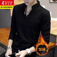 啄木鳥(niǎo)長(cháng)袖T恤男士裝春秋季款衛衣純色修身V領(lǐng)潮流內搭衣服打底衫 T02黑色加絨 XL