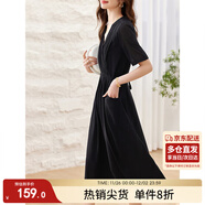 尚都比拉夏季優(yōu)雅氣質(zhì)女神范V領(lǐng)腰帶收腰顯瘦連衣裙女中長(cháng)裙 黑色 S