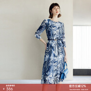 顏域圓領(lǐng)七分袖連衣裙春裝女2024年新款中長(cháng)款連身裙時(shí)尚氣質(zhì)裙子 藍花 M