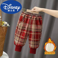 迪士尼女童冬季加絨格子褲新款兒童加厚保暖格子長(cháng)褲女孩一體絨外穿長(cháng)褲 官方旗艦紅色格子褲 80
