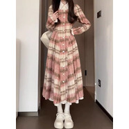 允橘松本秋冬新款粉色格子拼接襯衫領(lǐng)假兩件毛呢外套甜美連衣裙女喪喪 粉色格子【長(cháng)版】 M