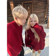 紅色情侶裝v領(lǐng)新年毛衣女秋冬慵懶風(fēng)高級感新年松弛感寬松針織衫 男生毛衣 M