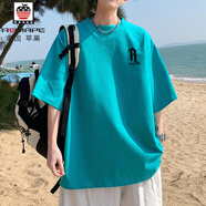 AEMAPE美式白色t恤男士短袖潮牌潮流夏季薄款寬松大碼男生衣服大碼 湖藍色 4XL 180-205斤可穿