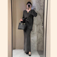 紅色v領(lǐng)針織套裝裙女秋冬新款韓版寬松高級感高腰半身長(cháng)裙兩件套 灰色兩件套 XL (建議135-145斤）