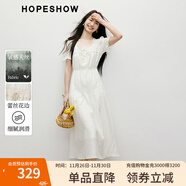 紅袖法式方領(lǐng)連衣裙2025夏季新款女裝正肩收腰系帶蕾絲花邊超好看長(cháng)裙 米白004 XL