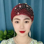 恒久葉繡花包頭帽春秋薄款遮白發(fā)女2025新款民族風(fēng)盤(pán)發(fā)頭巾 酒紅色釘珠加鉆_包頭帽_均碼