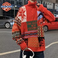 NEW OR MODE高領(lǐng)毛衣男秋冬季新款加絨加厚條紋針織衫寬松慵懶保暖高級感外套 XZ601-1-MY48紅色 XL