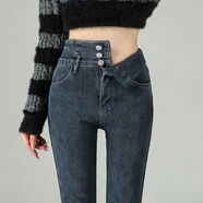 幻黛高腰牛仔褲女顯瘦新款加絨加厚彈力緊身小腳褲顯高長(cháng)褲潮 TJ3216藍灰色加絨 32