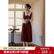 獨束大碼女裝假兩件撞色襯衫領(lǐng)連衣裙女秋冬微胖mm文藝復古穿搭裙子 勃艮第紅【適合165左右】 L