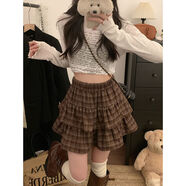 京嚴甄選大尺碼女裝今年流行的撞色格子半身裙春季新款荷葉邊裙少 咖色 M M建議80-100斤