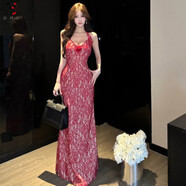 陌構想純欲復古法式復古蕾絲拖地長(cháng)裙露肩掛脖收腰魚(yú)尾蕾絲酒紅色連衣裙 S