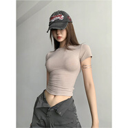 SK&SAskims歐美性感顯身材卡戴珊彈力緊身圓領(lǐng)短袖T恤春秋顯瘦打底上衣 卡其灰色 S