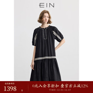 EIN言法式苧麻鏤空花邊裝飾圓領(lǐng)連肩袖文藝連衣裙女2025夏新款 石墨黑 S