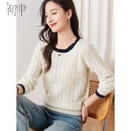 初申春秋針織衫女時(shí)尚撞色圓領(lǐng)套頭百搭毛衣上衣S13KZ3554 白