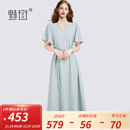 魅斑淡人穿搭V領(lǐng)垂墜感連衣裙女2025巨好看的裙子法式藍色連身裙 藍色 L