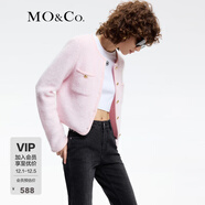 MO&Co.春秋含羊毛馬海毛小香風(fēng)墊肩短款針織衫開(kāi)衫摩安珂 冰粉色 S 160
