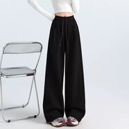 加絨加厚秋冬季新款大碼衛褲純色抽繩寬松直筒闊腿褲運動(dòng)哈倫長(cháng)褲 常規款-黑色 L  建議105-120斤