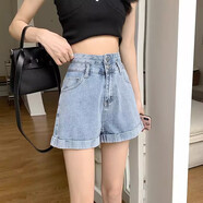 小紅書(shū)同款牛仔短褲女2025年夏季新款毛邊破洞高腰褲子顯瘦闊腿a 淺藍色(豎雙排扣) S 建議[8090斤]