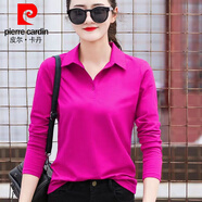 皮爾卡丹（pierre cardin）純棉翻領(lǐng)t恤女短袖2025夏季新款polo衫上衣顯瘦寬松休閑運動服 FL-10:純棉長.袖:玫紅色  春秋款 2XL 建議（126-140）斤