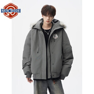 NEW OR MODE潮牌連帽毛領(lǐng)派克棉服男冬季高街百搭情侶棉衣美式寬松設計感外套 灰色 XL 【建議125-145斤】