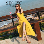 SIN.CYC 法式女裝露背連衣裙女沙灘裙海邊度假裙夏季很仙的長(cháng)裙性感 黃色 M
