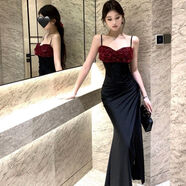 高級性感立體花朵抹胸連衣裙女夏季新款氣質(zhì)露背魚(yú)尾禮服開(kāi)叉長(cháng)裙 黑色 S