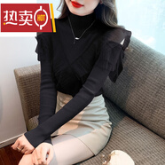 夏典素訂女王（SE.PSTP）羊毛針織衫女半高領(lǐng)露肩毛衣秋冬新款網(wǎng)紗感時(shí)尚洋氣打底衫潮 黑色 L 建議95-105斤