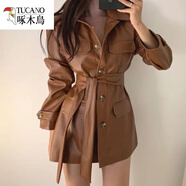啄木鳥(niǎo)（TUCANO）歐美秋冬季女裝新款高腰韓版帥氣機車(chē)服中長(cháng)款寬松收腰pu皮外套潮 焦糖色 S