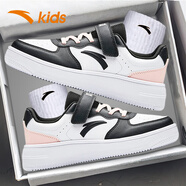 安踏（ANTA）兒童運動(dòng)鞋白色小白鞋板鞋皮面防水空軍一號6-16歲休閑鞋 白黑粉 35 /內長(cháng)22.0cm